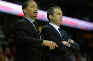 Oct 14, 2014; Cleveland, OH, USA; Cleveland Cavaliers head coach David Blatt (right) stands beside assistant coach Tyronn Lue against the Milwaukee Bucks at Quicken Loans Arena. Cleveland won 106-100. Mandatory Credit: David Richard-USA TODAY Sports