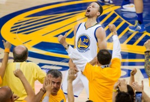 May 30, 2016; Oakland, CA, USA; Golden State Warriors guard Stephen Curry (30) celebrates after scoring a three point basket against the Oklahoma City Thunder during the fourth quarter in game seven of the Western conference finals of the NBA Playoffs at Oracle Arena. The Golden State Warriors defeated the Oklahoma City Thunder 96-88. Mandatory Credit: Kelley L Cox-USA TODAY Sports