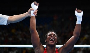 USA's Claressa Maria Shields reacts after winning against Netherlands' Nouchka Fontijn during the Women's Middle (69-75kg) Final Bout at the Rio 2016 Olympic Games at the Riocentro - Pavilion 6 in Rio de Janeiro on August 21, 2016. USA's Claressa Maria Shields won the match. / AFP / Yuri CORTEZ (Photo credit should read YURI CORTEZ/AFP/Getty Images)