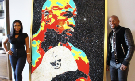Tiffanie Anderson’s “PURE GLASS” Of Floyd Mayweather Is Revealed By The Champ Himself, An 8ft portrait of Himself, And Conor McGregor Made From Broken Glass At £19m Beverly Hills Mansion
