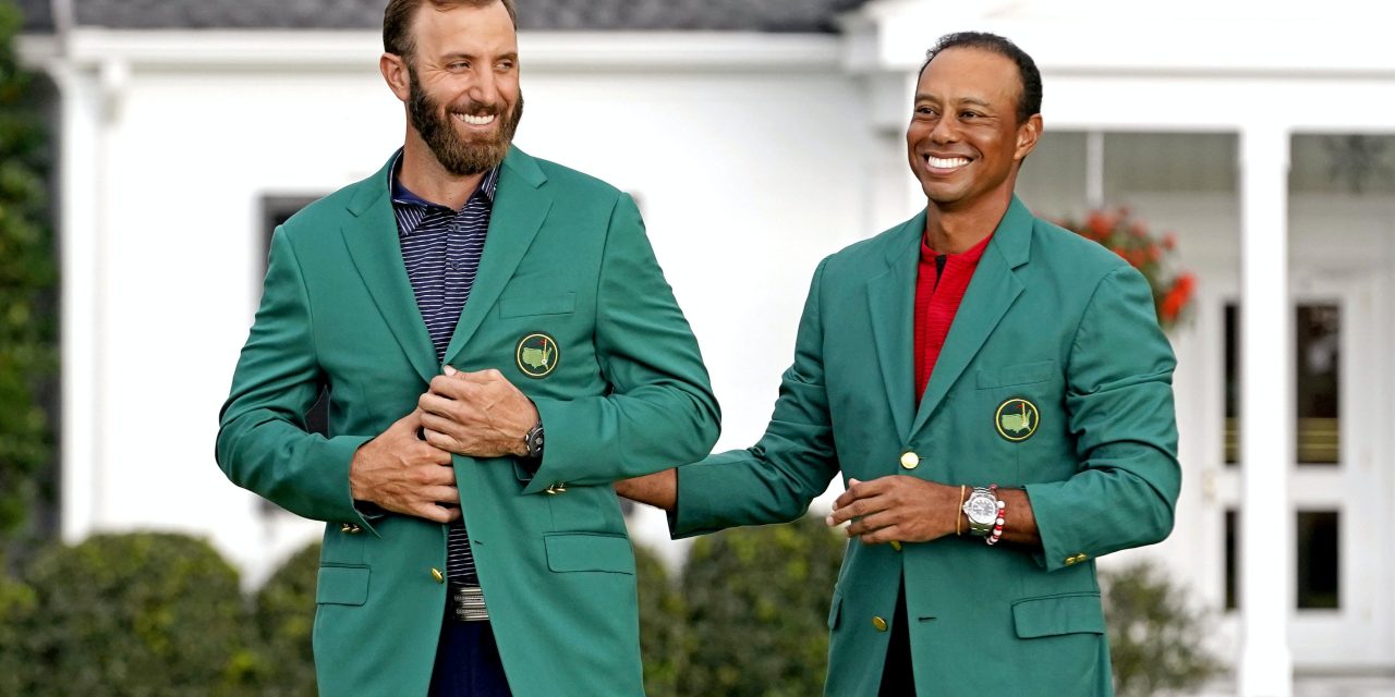 ‘Awesome and unbelievable’: Dustin Johnson receives green jacket from Tiger Woods