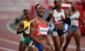 Jasmine Camacho-Quinn of Puerto Rico powered ahead of American Keni Harrison in the women’s 100-meter hurdles Monday, springing an upset and keeping the United States out of the win column at the Olympic track meet for yet another session